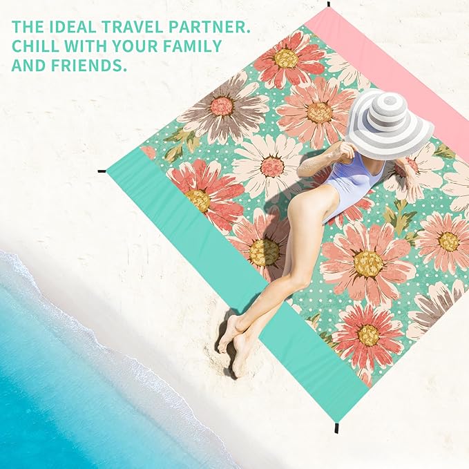 BYDOLL Beach Blanket Waterproof Sandproof 78''ร81'' Suits1-4 Adults Compact Lightweight Oversized Sand-Free Blanket Large Picnic Mat for Beach Travel Camping Hiking