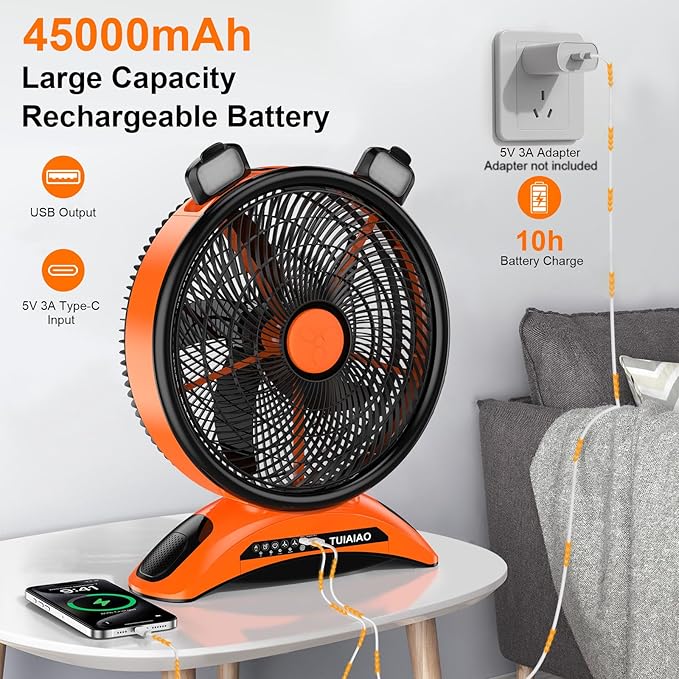 Extra Large Size Camping Fan, 45000mAh Battery Rechargeable Portable Fan,12-Inch Blade & 830CFM Super Airflow, Cordless for Outdoor Large BBQ RV Tent Garage Hurricane Emergencies & Indoor
