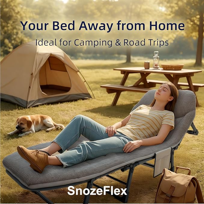 Chaise Lounge Chair, Folding Cot, 6-Angle Adjustable Camping Cot with Mattress for Patio and Beach, Foldable Bed Portable Heavy Duty Lay Flat Reclining with Pillow (Gray, M - 70'')