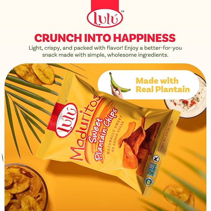 LULU Plantain Chips - Maduritos Sweet Plantain Chips, 30 Individual Bags (2.5 Oz Each) - Crunchy, Delicious, Gluten-Free Healthy Snacks - No Preservatives or Artificial Colors, Sustainably Sourced
