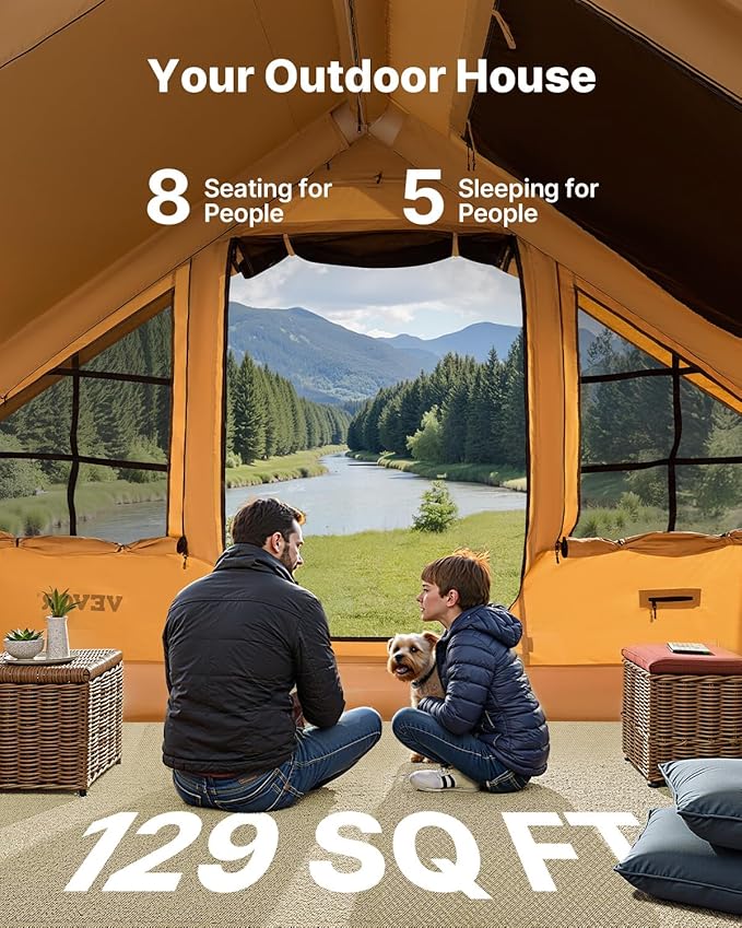 VEVOR Inflatable Tents for Camping, Easy Setup Blow up Tent with Hand Pump, 4 Season Glamping Tent with Stove Jack, Doors & Mesh Windows, Storage Bag Included for Easy Taking