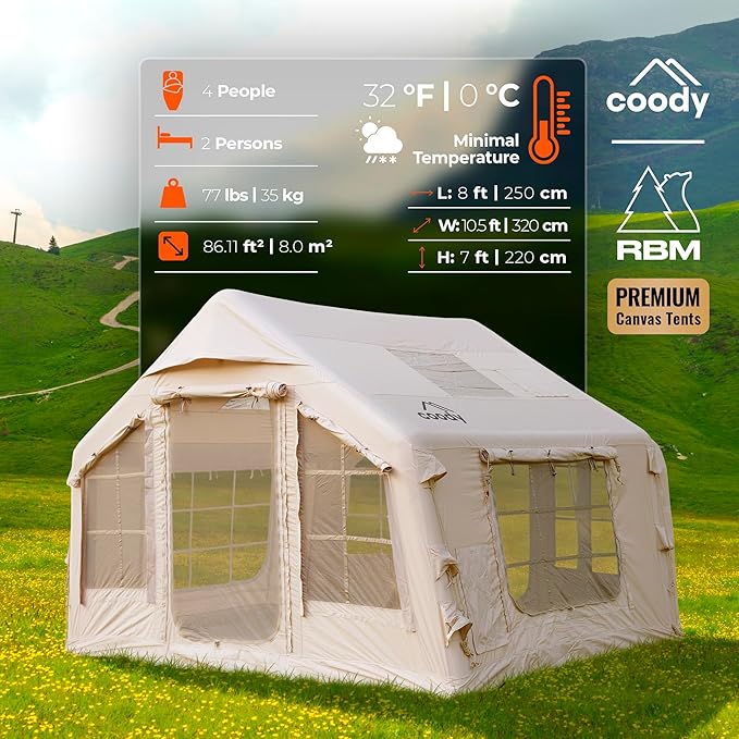 Coody | Rbm Outdoors Koala/Hub/Octopus Inflatable Tents for Camping with Stove Jack, 2/8/10 Person Luxury Canvas Blow Up Tent, 2 Room, Easy Setup Casa de Campaña, Large Inflatable House with Pump