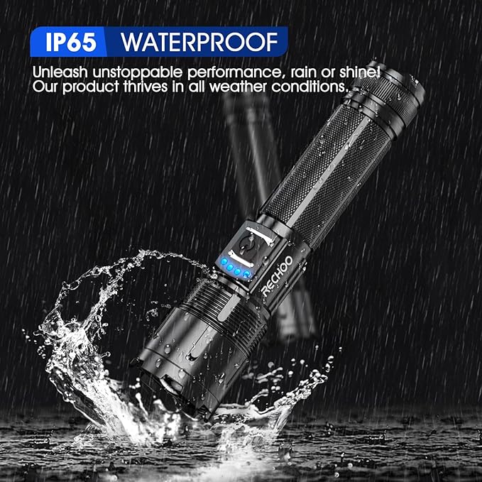 RECHOO Rechargeable Flashlights High Lumens, 1000 Lumens Tactical Flashlights, Super Bright LED Flashlight with 5 Mode & Zoomable, IP65 Waterproof Flash Light for Camping, Hiking, Emergency, Home