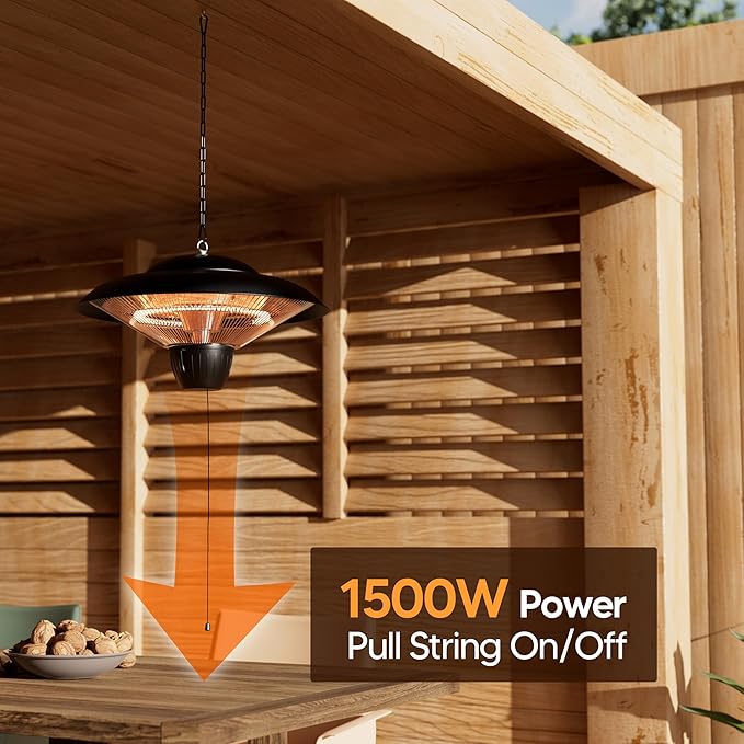 Patio Heater for Outdoor Use 1500W Electric Infrared Hanging Heater, Ceiling Mounted, Waterproof for Porch, Garage, Balcony, Overheat Protection Deep Black