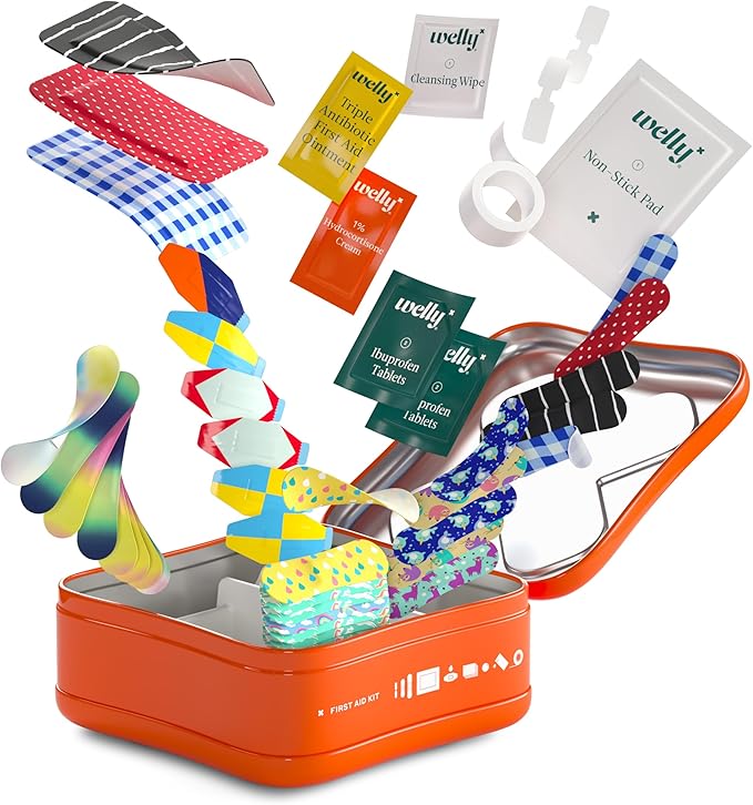 Welly First Aid Kit - Adhesive Flexible Fabric and Waterproof Bandages, Tape and Non-Stick Pads, Butterfly Strips, Single Use Ointments Triple Antibiotic and Hydrocortisone, and Ibuprofen - 130 Count