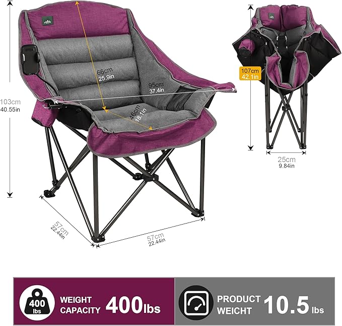 Northroad Oversized XL Padded Camping Chair w/Cell Phone Holder, Large Camp Lounge Chair, Foldable Lawn Chair w/Cup Holder,Carry Bag for Outdoor Hiking, Beach, Picnics, Heavy-Duty 400-lbs Capacity