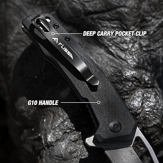 FLISSA Pocket Knife, Folding EDC Knife, 3.25 inch D2 Blade, G10 Handle, Liner Lock, for Outdoors, Hiking, Camping, Black