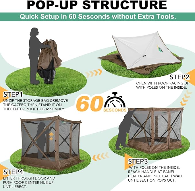COBIZI 6x6 Pop up Gazebo Tent, Ez up Waterproof Screen Tent Screen House, Portable Outdoor Canopy Sun Shelter with Carry Bag & Ground Stakes for Camping, Garden and Picnics, Brown(Upgraded 2.0)