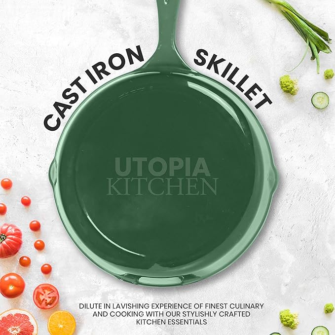 Utopia Kitchen Cast iron Skillets 3 Piece Set, Chefs Pan, Pre Seasoned Cast iron Skillets, 6, 8 & 10 Inches, Easy Use in the Oven, Stove, Grill, or Campfire, Green