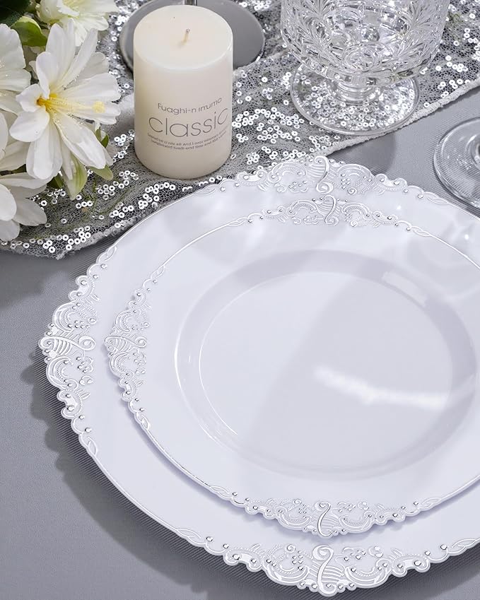 Nervure 175PCS Silver Plastic Plates - White and Silver Disposable Plates for 25 Guests Include 50Plates, 25Cups, 25Forks, 25Knives, 25Spoons, 25Napkins for Wedding & Party
