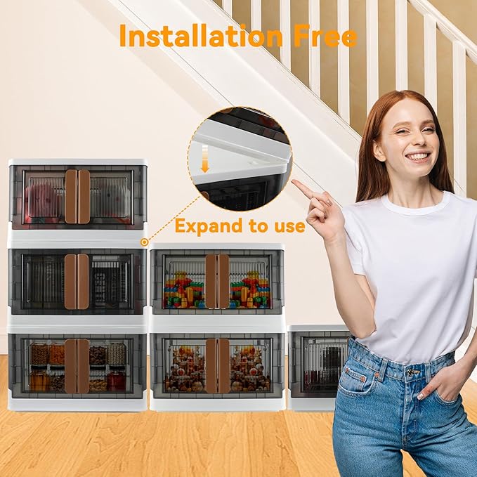 Storage Bins, Cabinet with Lids, Single 8.4 Gallon Capacity, 4 Pack, Stackable, With Double Door, Bottom Wheels, Collapsible, Transparent, Dustproof