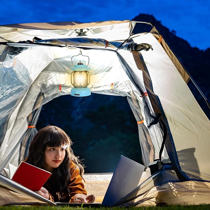 Rechargeable LED Camping Lanterns, 2000mAh Vintage Camping Lights Battery Operated Rechargeable , Hanging Retro Metal Hiking Tent Lamp for Emergency, Hurricane,Decoration,Home,Blue,2 Pack
