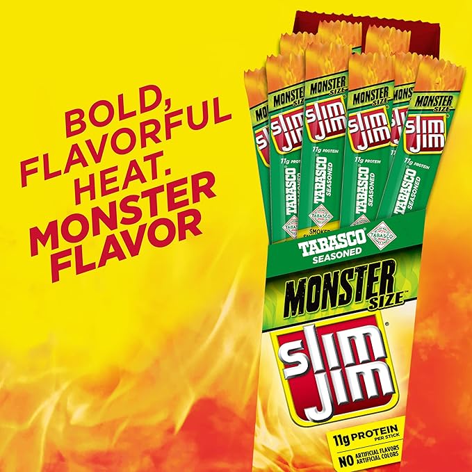 Slim Jim Monster Smoked Meat Sticks, Tabasco Flavor, High Protein, 1.94 oz. (18 Count)