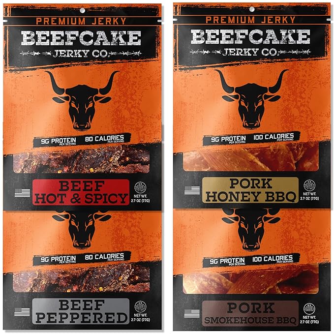BEEFCAKE Jerky Mixed Favorites, Pork & Beef Jerkey Variety Pack Premium Snacks, 9 Gram of Protein & 100 Calories 2.7 Oz | Pack of 4