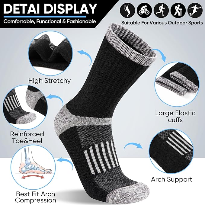 Merino Wool Hiking Socks for Men Moisture Wicking Cushion Thermal Warm Winter Crew Outdoor Boot Socks(5 Pairs)