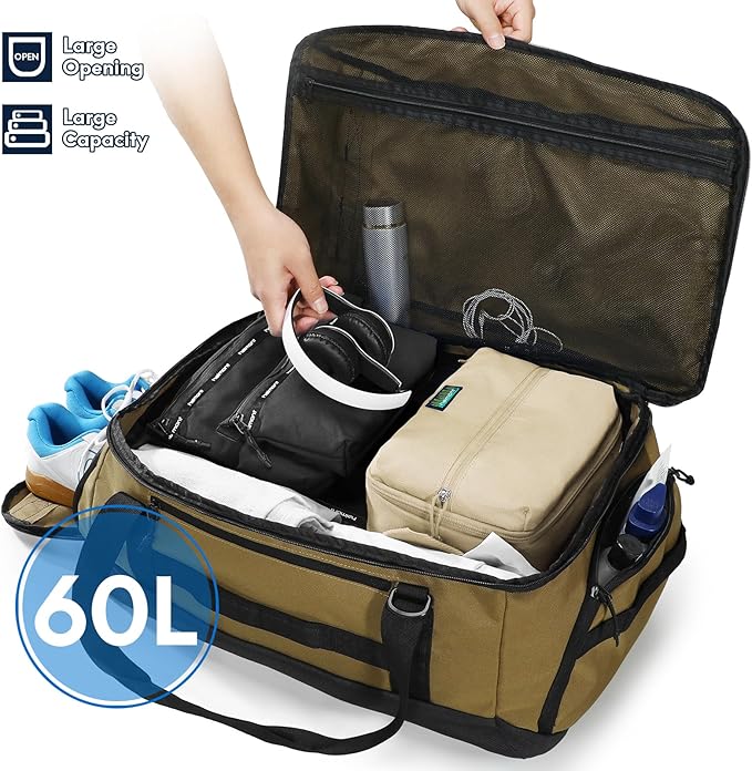 Haimont Large Collapsible Duffle Bag Backpack for Travel, Water-Resistant 60L Weekender Bag with Shoe Pocket, Men & Women, Sports, Traveling, Camping, Outdoor, Brown