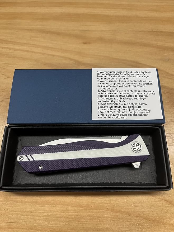 Petrified fish PF818,3.54" D2 Blade,104g G10 Handle Flipper Folding knife (Stonewash, White and Purple)