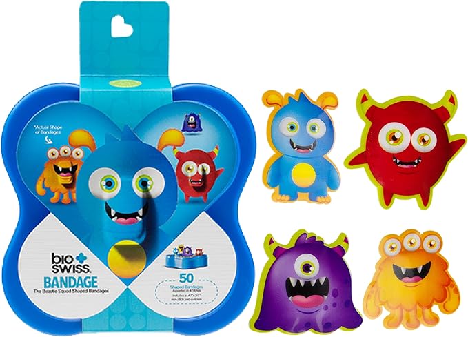 BioSwiss Bandages, Beastie Squad Shaped Self Adhesive Bandage, Latex Free Sterile Wound Care, Fun First Aid Kit Supplies for Kids and Adults, 50 Count