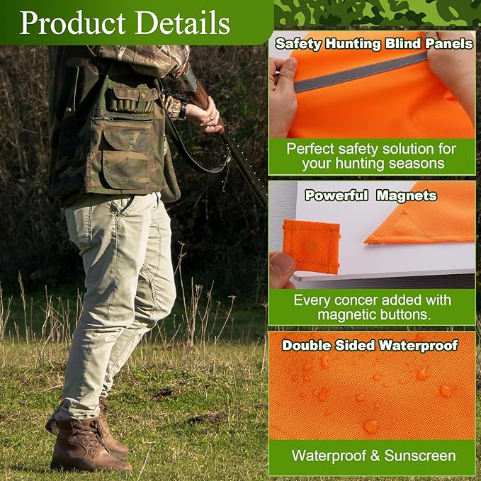 Blaze Orange Safety Panel, 4Pcs Triangle Magnetic Hunting Safety Panel with Reflective Strips 12 Magnetic Buttons 1 Storage Bag Hunting Blind Accessories for Outdoor Hunting Blind Tents