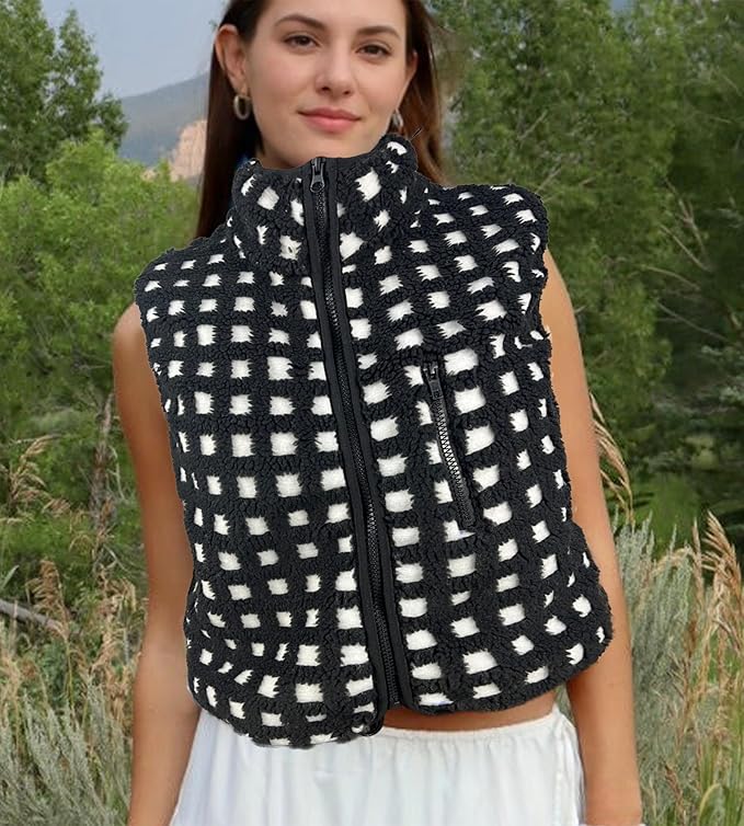 Colorful world Womens Checkered Sherpa Vest Fleece Jacket Lightweight Zip Up Sleeveless Crochet Plaid Gilet with Pocket