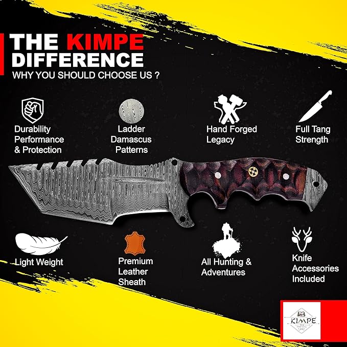 KIMPE 10.5’’ Damascus Hunting Knife with Leather Sheath-Fixed Blade EDC Knife-Bushcraft Knives-Wood Handle-Best Camping & Survival Knives-Knives for Men. (Micarta Red & Black)