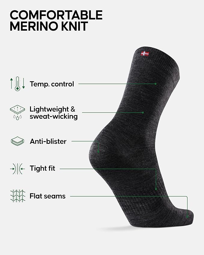 DANISH ENDURANCE Merino Wool Liner Hiking & Walking Socks, Blister Socks, Thermal, Breathable, for Men and Women - 2-Pack