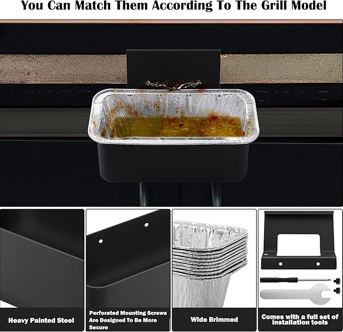 Grill Grease Catcher for Blackstone Griddle with 10 Pack Grease Cup Liners Aluminum Foil Tray Pan Drip Tray Pan for 17, 22, 28 & 36 inches Griddle (Long Hook)