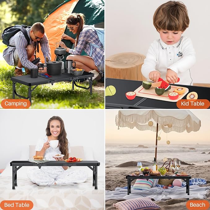 FUNYKICH 3ft Low Folding Picnic Table(34.2''x15.7''x10.3''), Thicker Aluminum Legs Beach Table with Handle & Carry Bag, Lightweight Small Camping Table for Picnic Beach Camping Party, Black