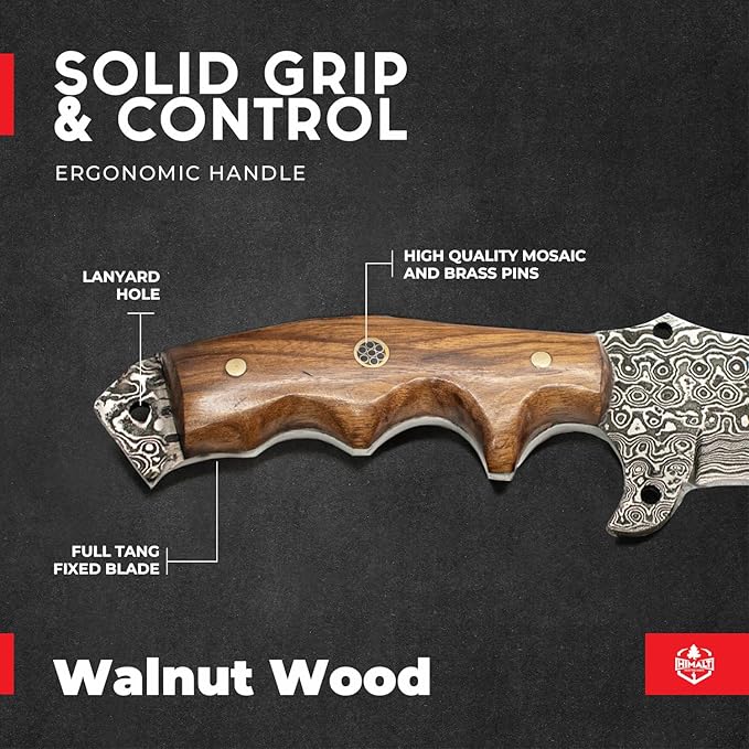 Handmade 10.5” Damascus knife- Fixed Blade Hunting Knife with Sheath-Walnut Wood Handle-Survival Knife-Camping knife-Bushcraft Knife-Ideal For EDC, Skinning,Outdoor-Best Hunting Knives For Men.