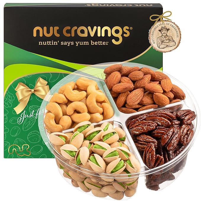 NUT CRAVINGS - Diwali Sweets Hamper Mixed Nuts Gift Basket in Green Gold Box (4 Assortments) Food Arrangement, Healthy Snack Care Package, Food Assortments