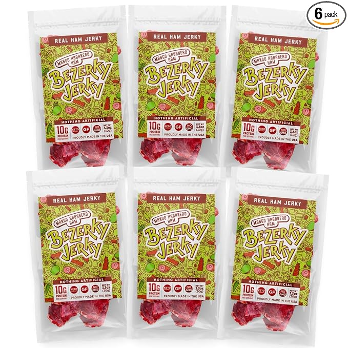 Old Fashioned Hot Jerky | Mango Habanero | Small Batch Handcrafted | Healthy Carnivore Ham | All American | Non-GMO | Gluten-Free | Low Fat | High Protein | Bezerky Jerky | 3.3 Oz (Pack of 6)