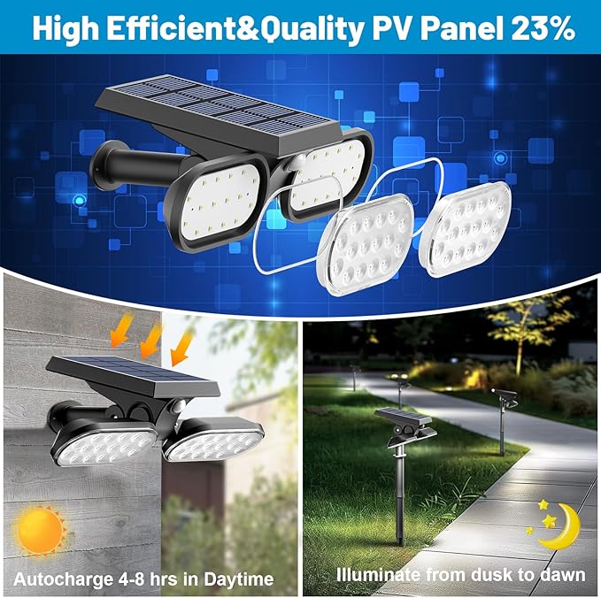 Sunvivo Motion Solar Lights Outdoor,Ground Path Lights or Wall Floodlight,Stay On or Motion Sensor Mode,Dusk to Dawn Security Light,Cordless,360° rotatable Spotlights for Path Yard Driveway,4-Pack