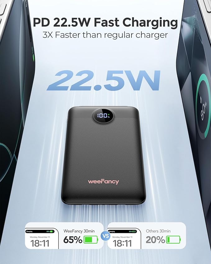 Mini Portable Charger with Built-in Cables 22.5W Fast Charging Power Bank USB-C Small Battery Pack 10000mAh Travel Essential Slim Battery for iPhone 17/16/15/14, Samsung 25/24, and More