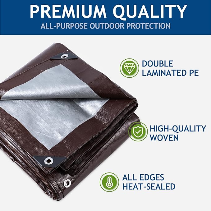 10 Mil Heavy Duty Waterproof Tarps, 10x12 Ft Finished Size Tarps, Premium Tarp with Metal Grommets & Reinforced Edge, Multipurpose Thick Poly Tarp for Car, Boat, Roof, Camping - Brown