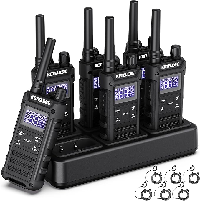 T3G Heavy Duty Walkie Talkies Type-C Rechargeable, IP67 Waterproof 2 Way Radios with Earpiece, Adapter, Dock, PTT Group, NOAA, VOX, 6 Pack Walkie Talkie for Adult Black/Grey