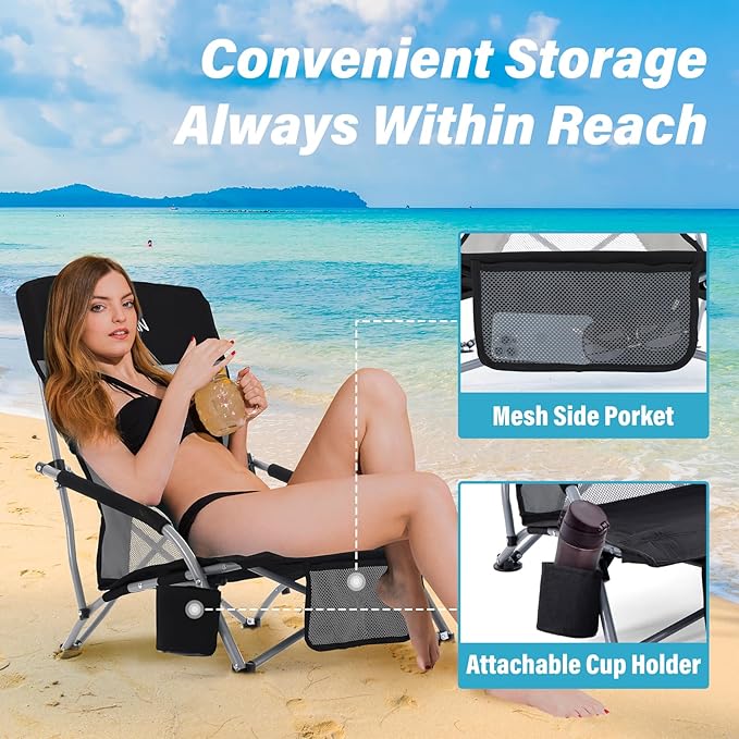 Homcosan Portable Low Folding Beach Chair - Lightweight Camping Chair for Adults with Cup Holder & Storage Pocket, Carry Bag Included (Black & Gray)