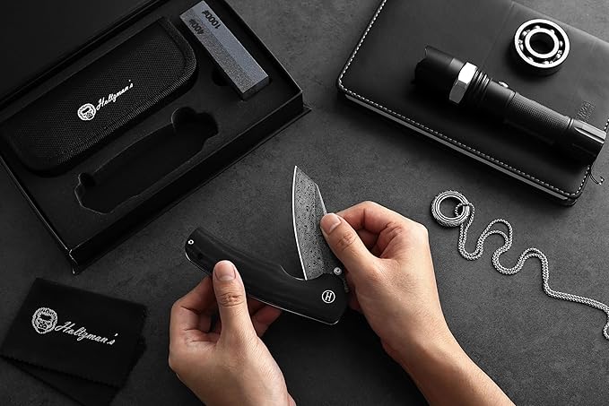 Holtzman's Gorilla Survival 'Clip Point' Folding Knife featuring D2 Steel Blade with G10 Tactical Handle in Gift Box Set (Damascus)