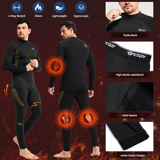 romision 2 Pack Thermal Underwear for Men Long Johns Fleece Lined Hunting Gear Bottom Top Set Base Layer Cold Weather XS-4XL