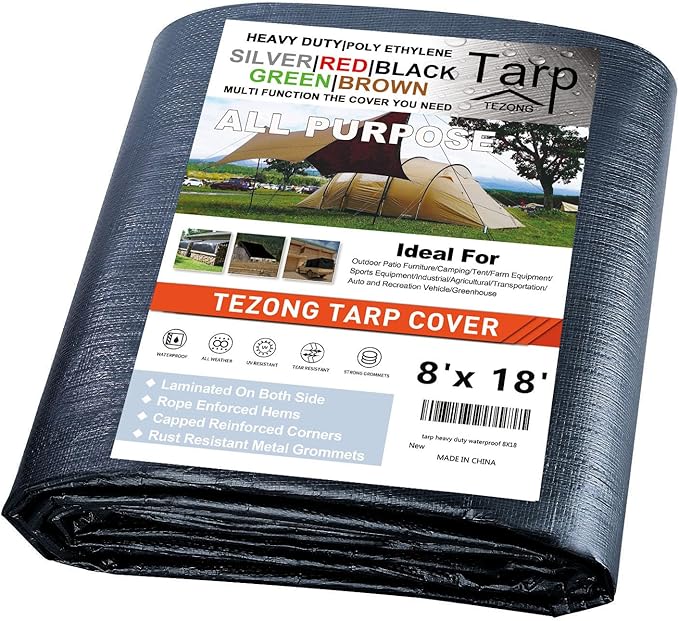 Tarp Heavy Duty Waterproof 8x18ft,TEZONG Black Plastic Tarp 12Mil Outdoor Tarpaulin Cover for Emergency Rain,Patio Furniture,Wood,Roof,Camping,Car,Pool