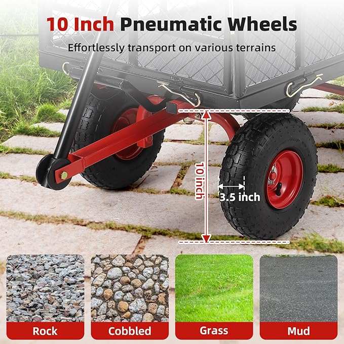 Heavy Duty Steel Garden Dump Cart 880 Lbs Capacity, Metal Garden Wagon with Removable Mesh Sides, Utility Metal Dump Wagon with 180° Rotating Handle, 10-inch All Terrain Wheels & Utility Liner