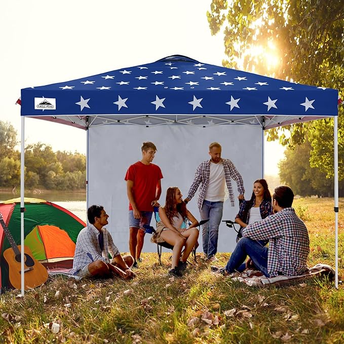 EAGLE PEAK Pop Up Canopy Tent with 1 Sidewall, Easy Setup Event Tent, Outdoor Sun Shade, Wheeled Carry Bag, Stakes and Guy Ropes, Instant Canopy 12x12, American Flag