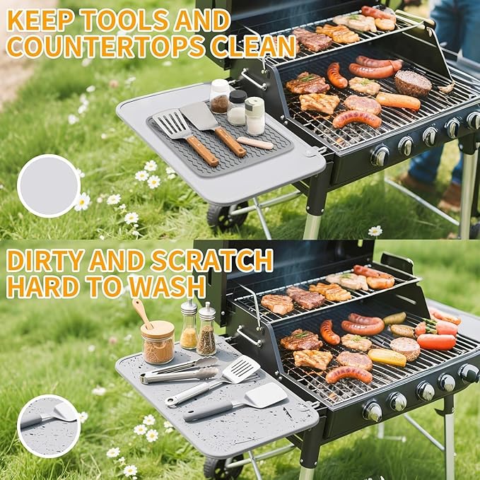 Silicone Grill Mat for Blackstone, Silicone Side Shelf Tool Mat, Outdoor BBQ, with Drip Pad Kitchen Countertop Heat Resistant, Griddle Accessories (Grey)