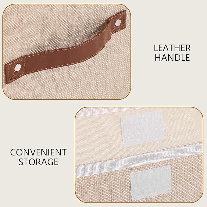 Yawinhe Collapsible Storage Boxes, Linen Fabric Baskets, Bin with lid and Leather Handle, Washable, for Home, Closet, Beige, 17.7''Lx11.8''Wx11.8''H, 3-Pack, USNK024BEX-3