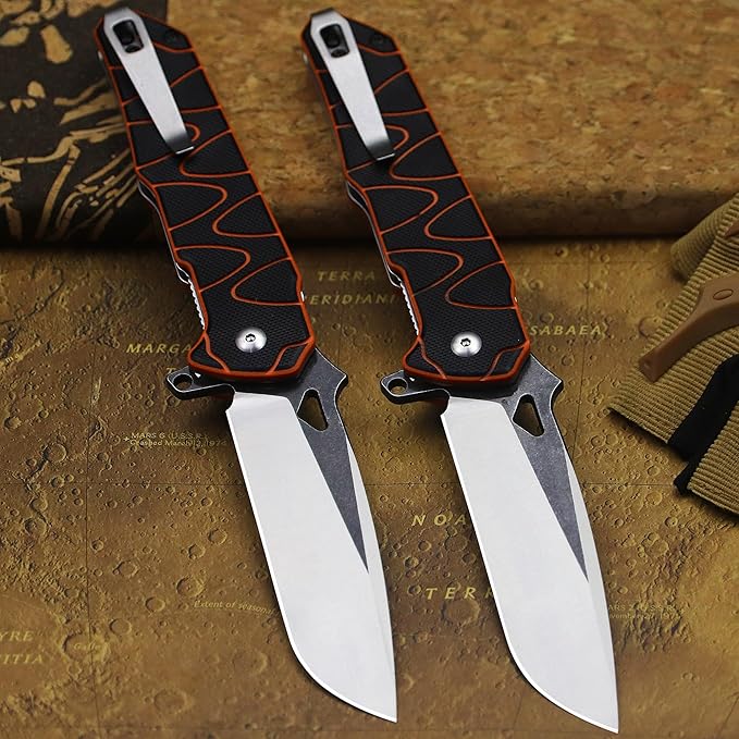 8.4in Folding Knife AUS-8 Steel Blade, G10 Handle with Anti-Slip Texture, Ball Bearing Pivot, Stonewashed Finish, EDC Pocket Knife for Camping, Hiking, Survival (AUS-8 (G10 black/orange))