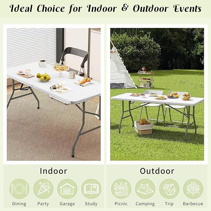 2 Pack 6 FT Folding Tables White Foldable Table, Fold-in-Half with Carrying Handle Portable Plastic Rectangular Table for Party, Dining, Wedding, Camping, Picnic, Indoor Outdoor Events