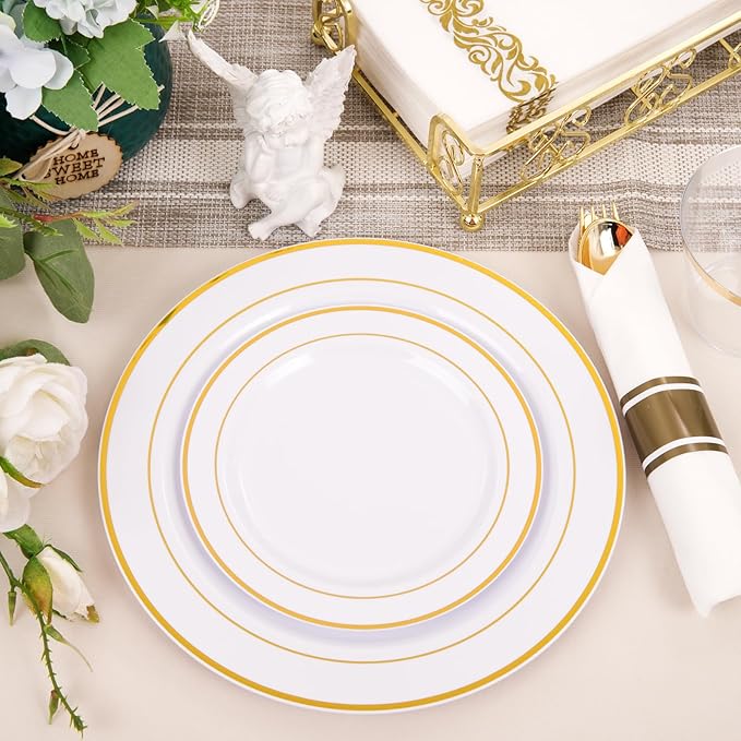 350Piece Gold Dinnerware Set for 50 Guests - Gold Plastic Plates with Disposable Cutlery Include:50Dinner Plates-50Dessert Plates-50Pre Rolled Napkins with Silverware for Thanksgiving