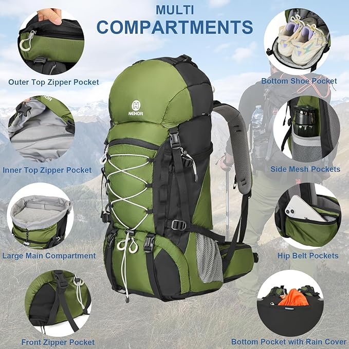 60L Hiking Backpack, Water Resistant Camping Backpack with Rain Cover, Large Lightweight Hiking Bag Outdoor Travel Daypack for Men Women, Green