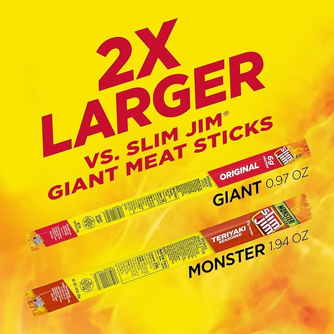 Slim Jim Monster Smoked Meat Sticks, Teriyaki Flavor, High Protein, 1.94 oz. (18 Count)