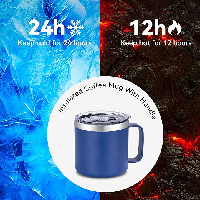 VEGOND 14 oz Insulated Coffee Mug Bulk with Handle, Stainless Steel Travel Coffee Mug with Lid, Double Wall Vacuum Metal Coffee Cup, Coffee Tumbler Powder Coated, Navy Blue 8 Pack