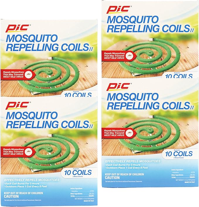 PIC Mosquito Repelling Coils, Outdoor Mosquito Repellent, 5 to 7 Hours Protection, 10-Feet Area Coverage, Suitable for Patio, Porch, Backyard & Outdoor Use, 40 Coils (4 Packs of 10)